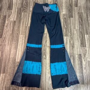 Y2K Flare Pants Butterfly Patch Denim Insert Tie-Dye Blue Black Boho Festival
